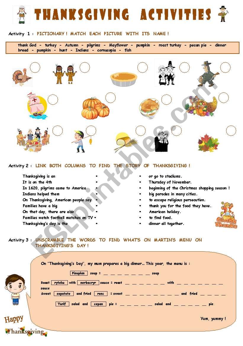 THANKSGIVING  activities worksheet