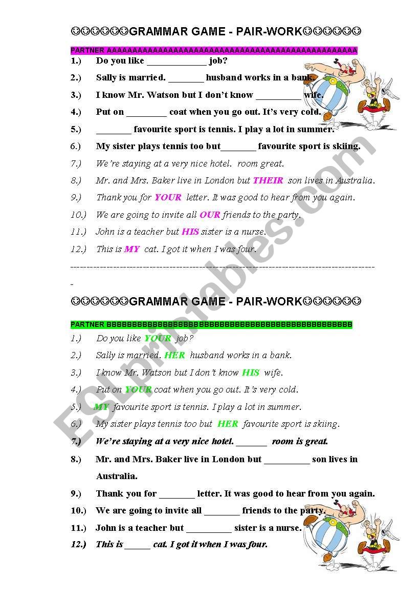 Pair game Pronouns worksheet