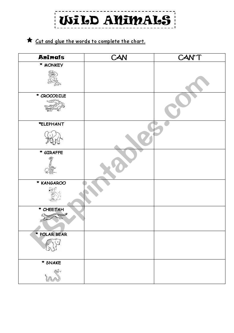 Wild animals -CAN / CANT worksheet
