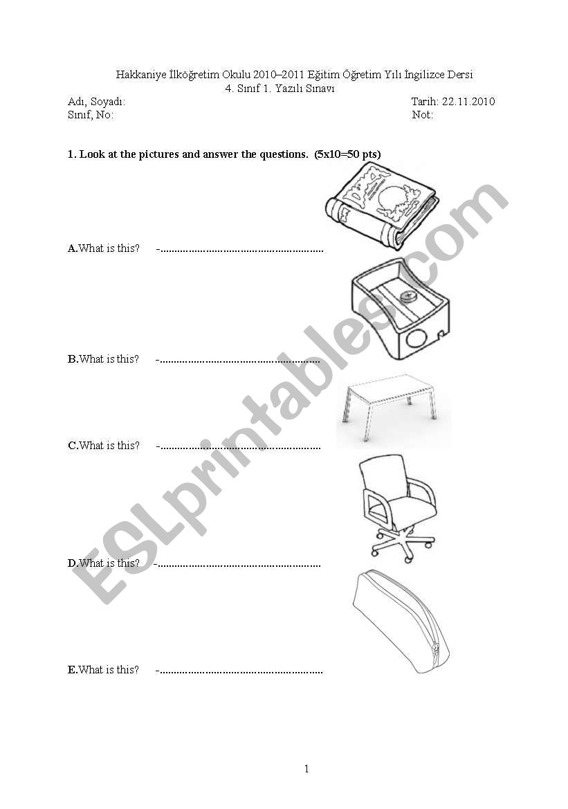 English worksheets exam for 4th grade students