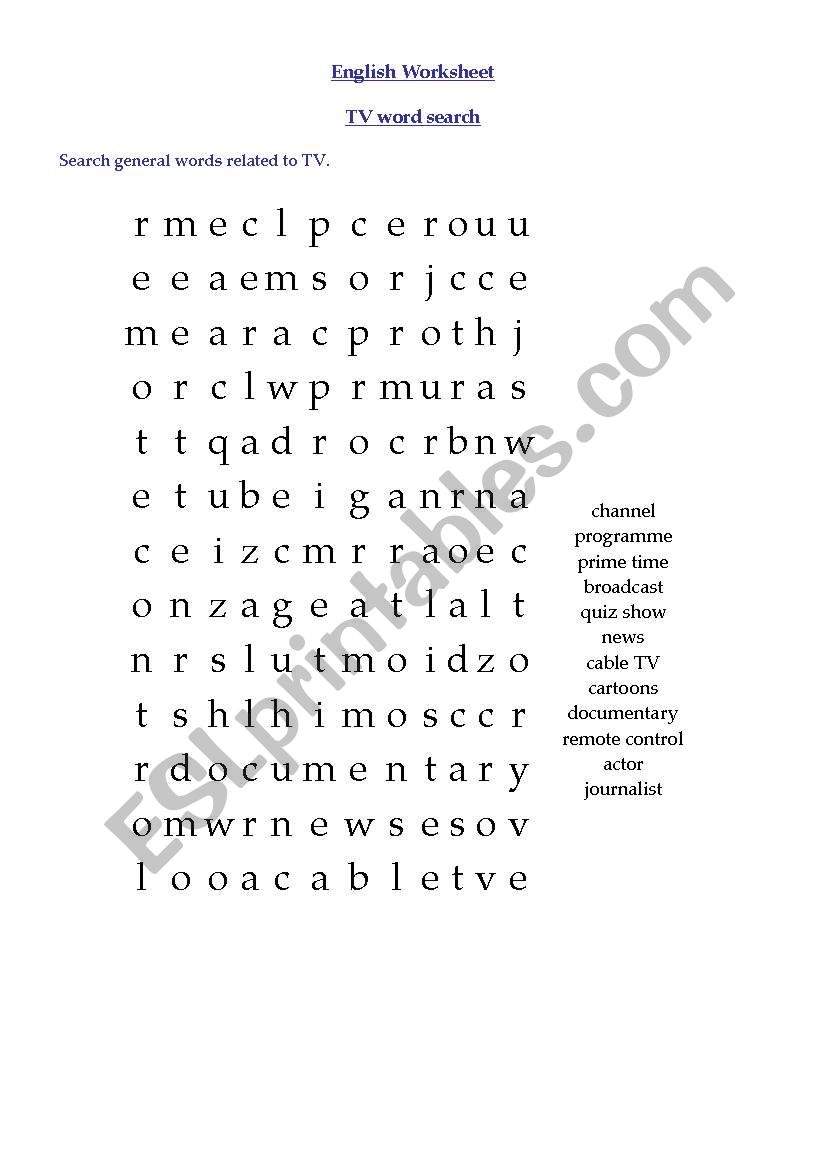 TV wordsearch worksheet