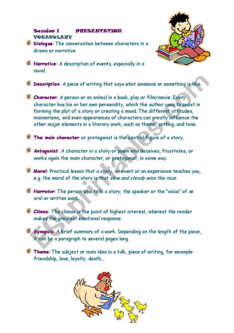 Literature vocabulary 1/2 worksheet