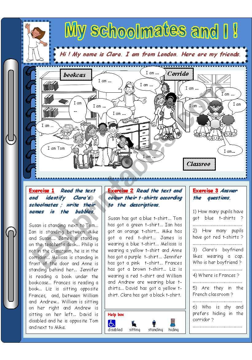 My schoolmates and I (prepositions of places and colours reading comprehension)