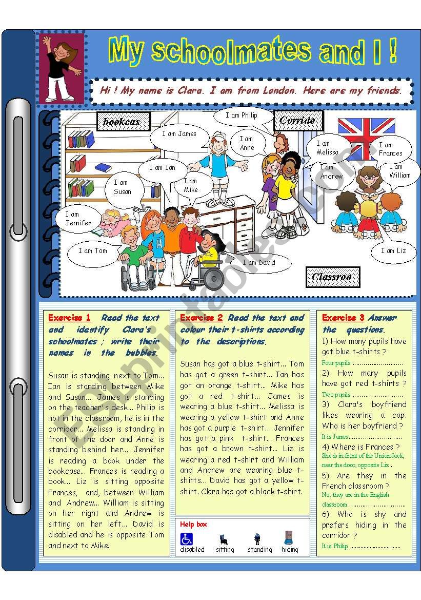 My schoolmates and I (prepositions of places, colours, reading comprehension) TEACHERÂ´S KEY