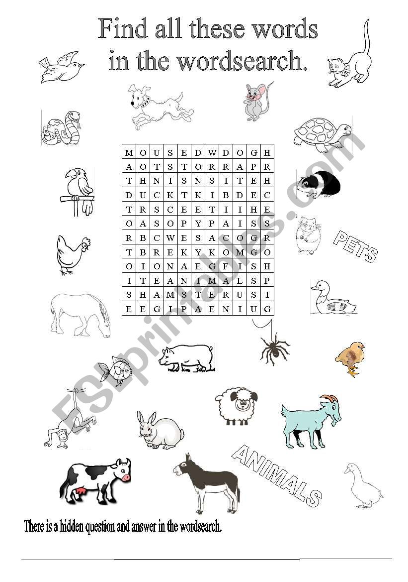 Wordsearch animals worksheet