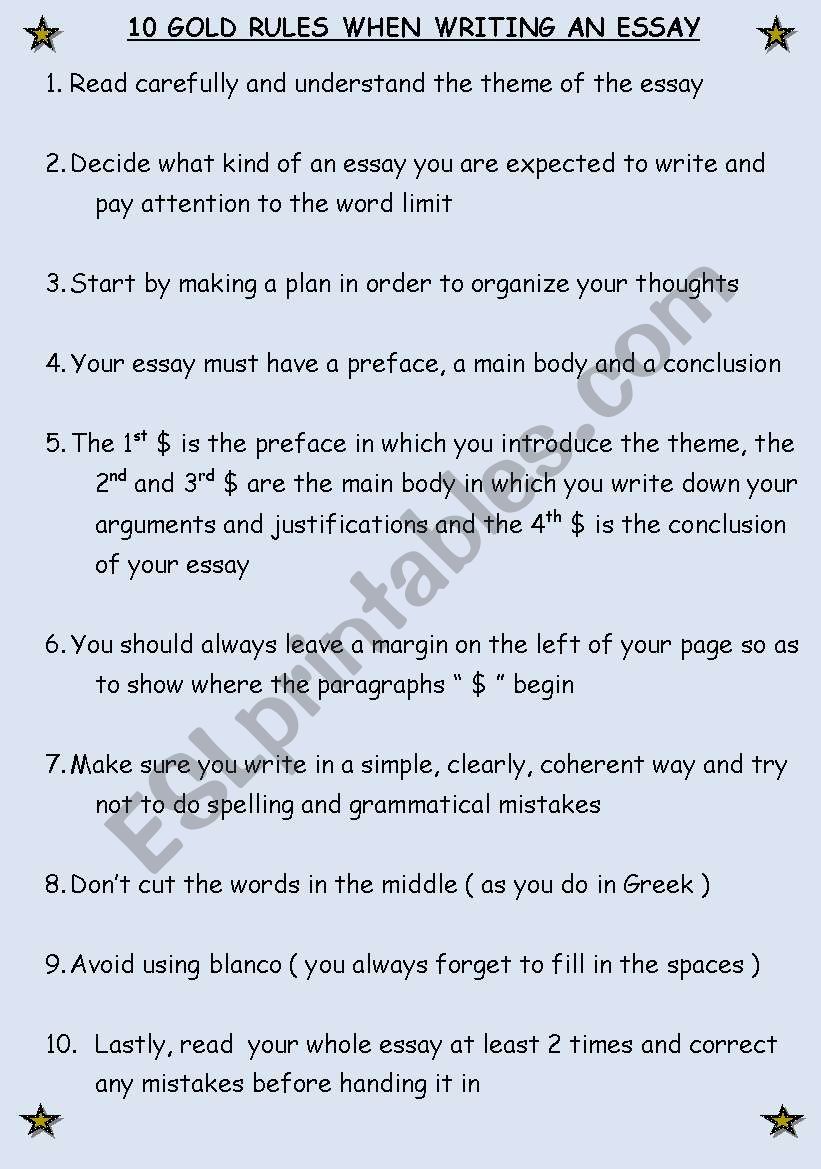 10 Gold Rules When Writing An Essay ! ! ! - ESL worksheet by zhna