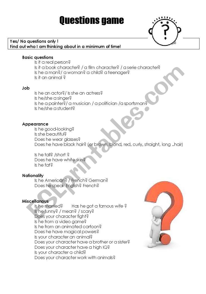 Yes/No questions game worksheet