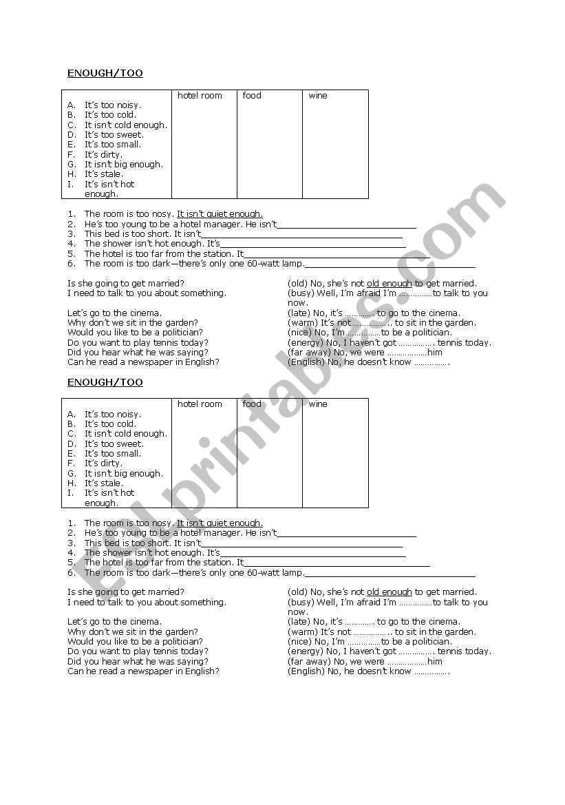 Too/enough worksheet