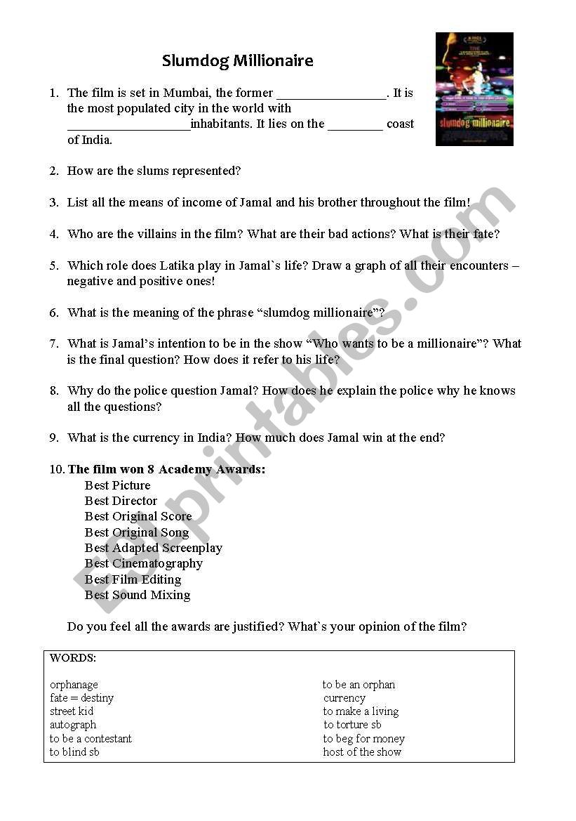 Slumdog Millionaire worksheet