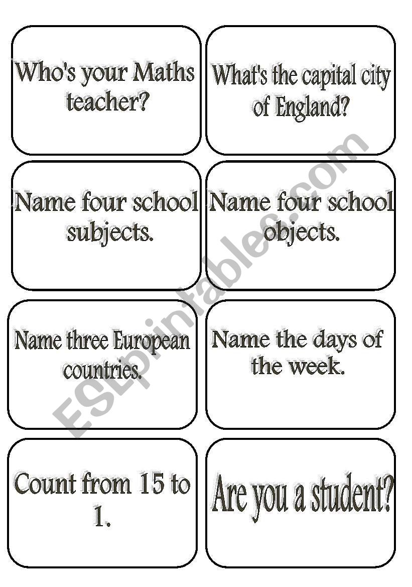 Speaking cards worksheet