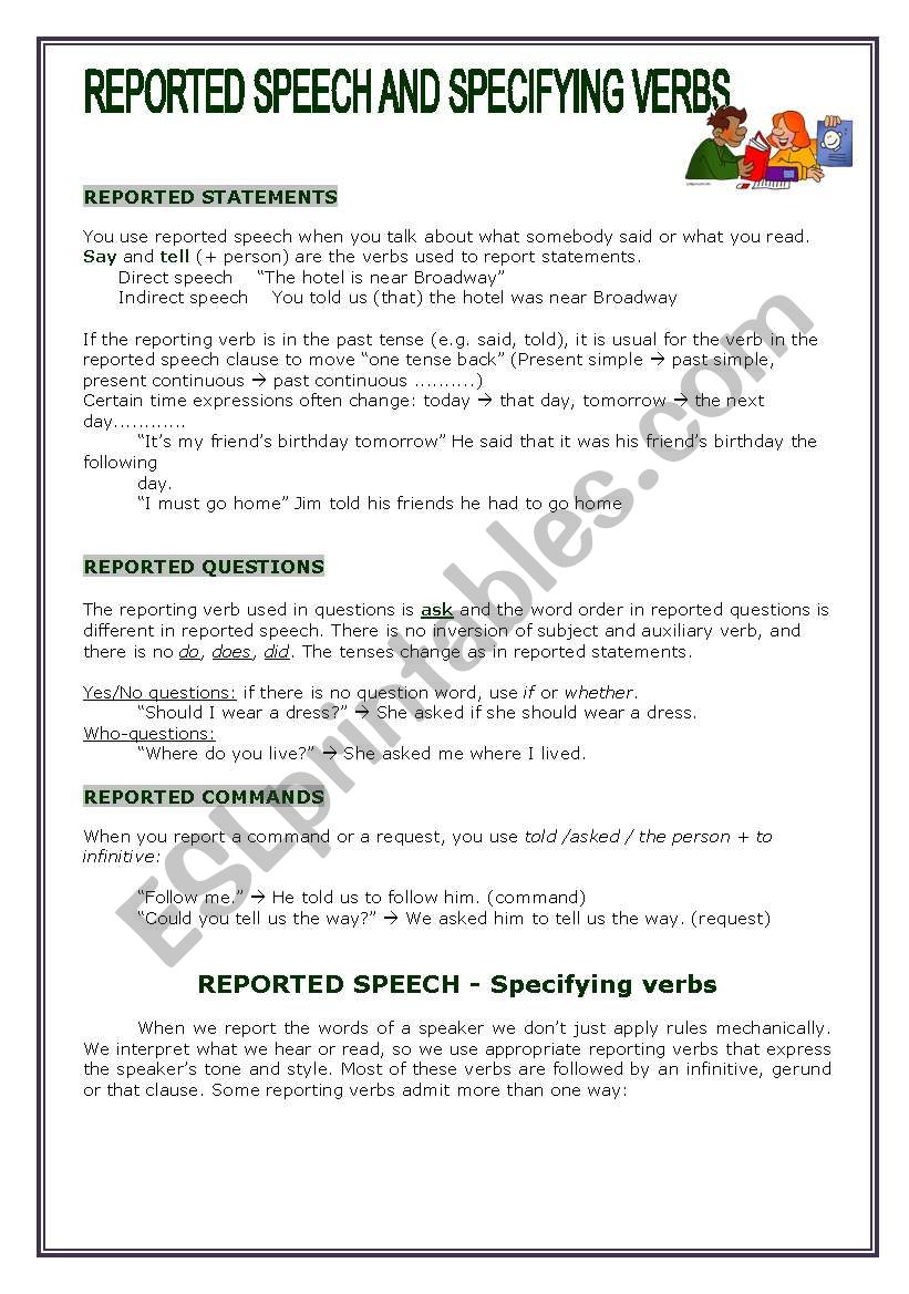 REPORTED SPEECH AND SPECIFYING VERBS