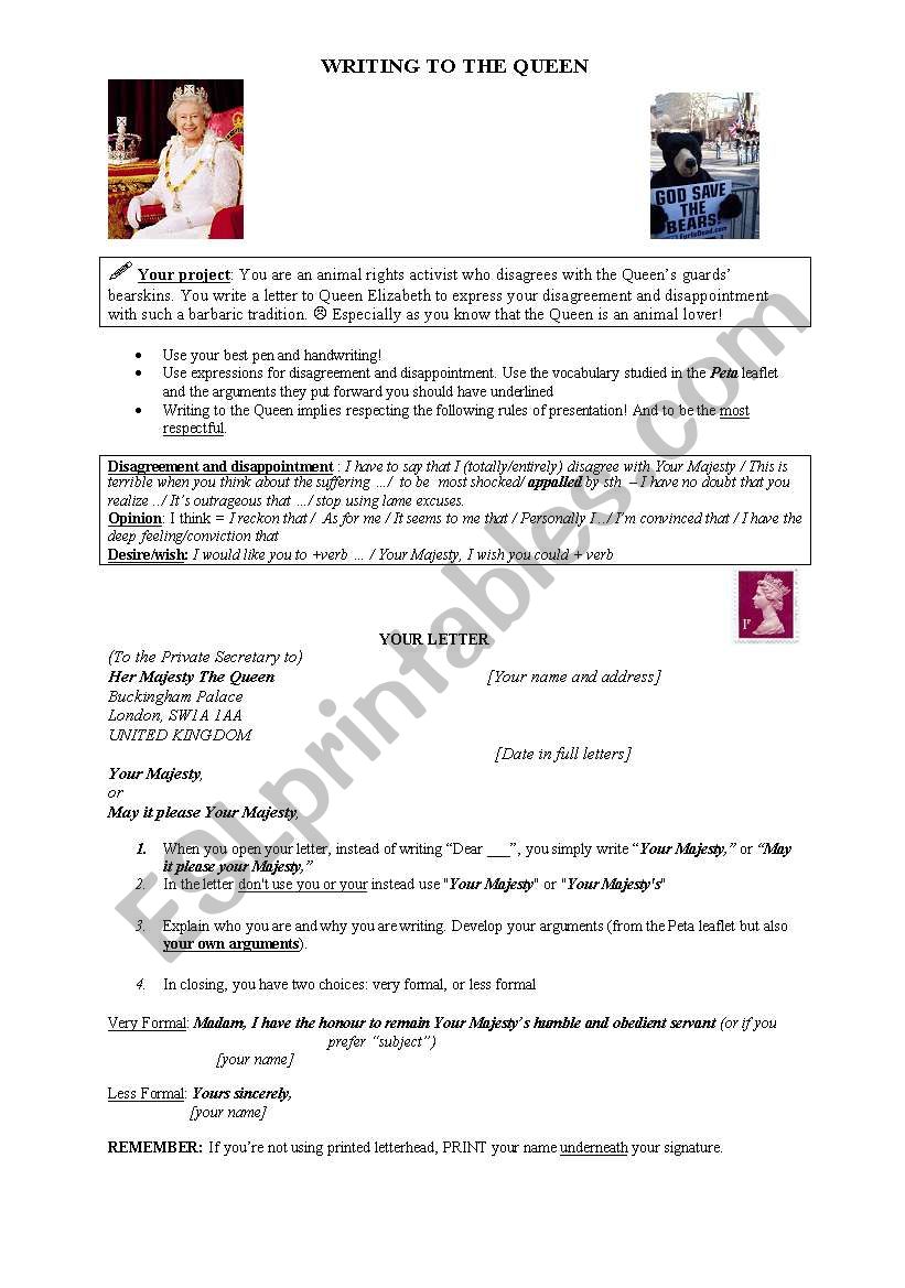 Writing to the Queen - ESL worksheet by Houseofdawn