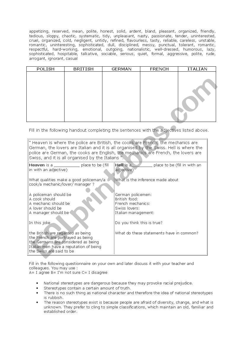 Stereotypes worksheet