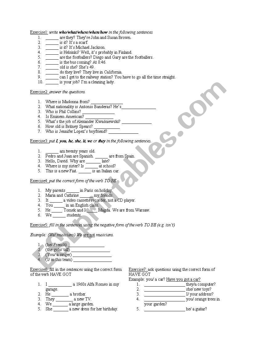 Simple activities worksheet