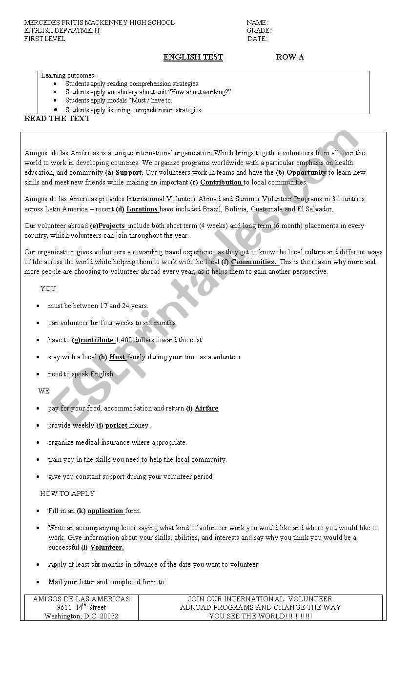 Volunteer work worksheet