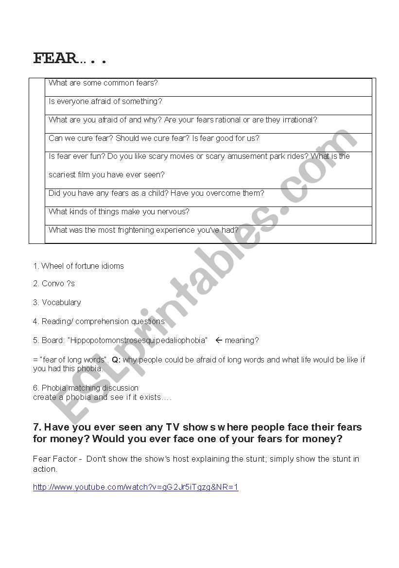 Fear and Phobias worksheet
