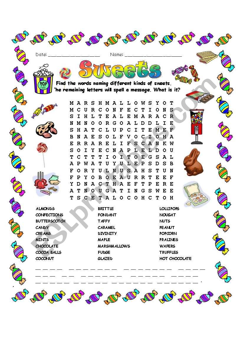 Sweets Word Search worksheet