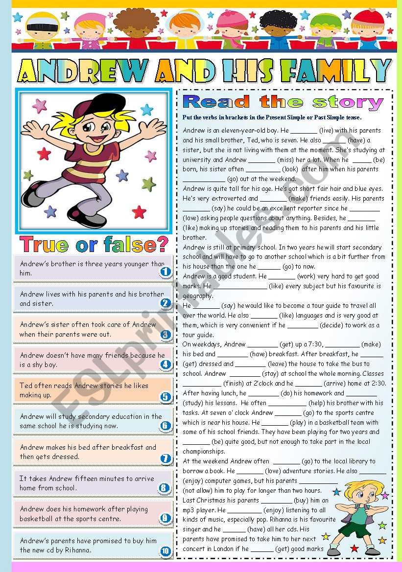 ANDREW AND HIS FAMILY- READING AND COMPREHENSION - TWO PAGES - KEY INCLUDED