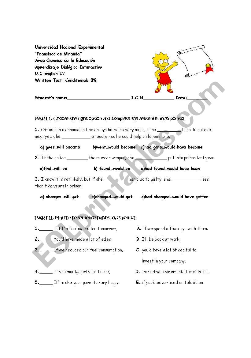 Conditionals written test worksheet