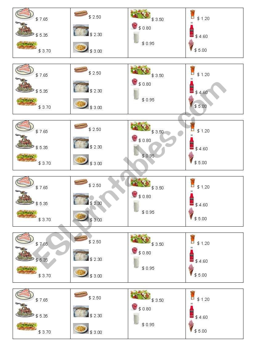 a simple menu worksheet