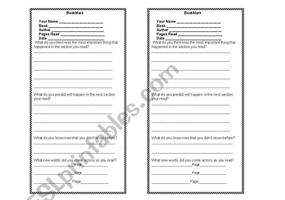 Literature Circle Bookmark worksheet