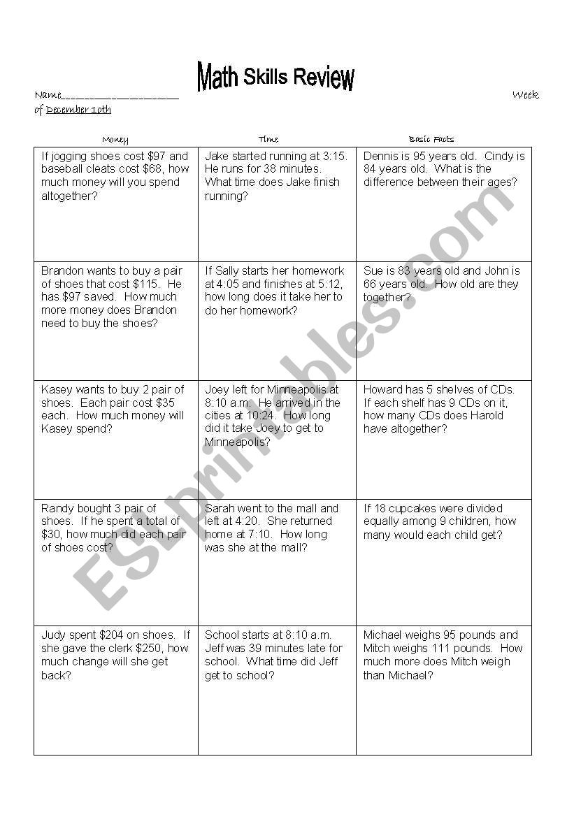 Daily Math Grid worksheet