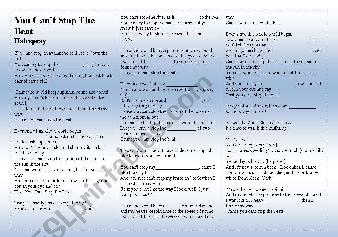 English Worksheets Song Hairspray You Can T Stop The Beat