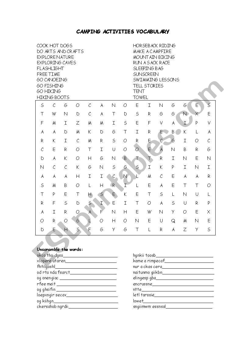 Camping activities vocabulary worksheet