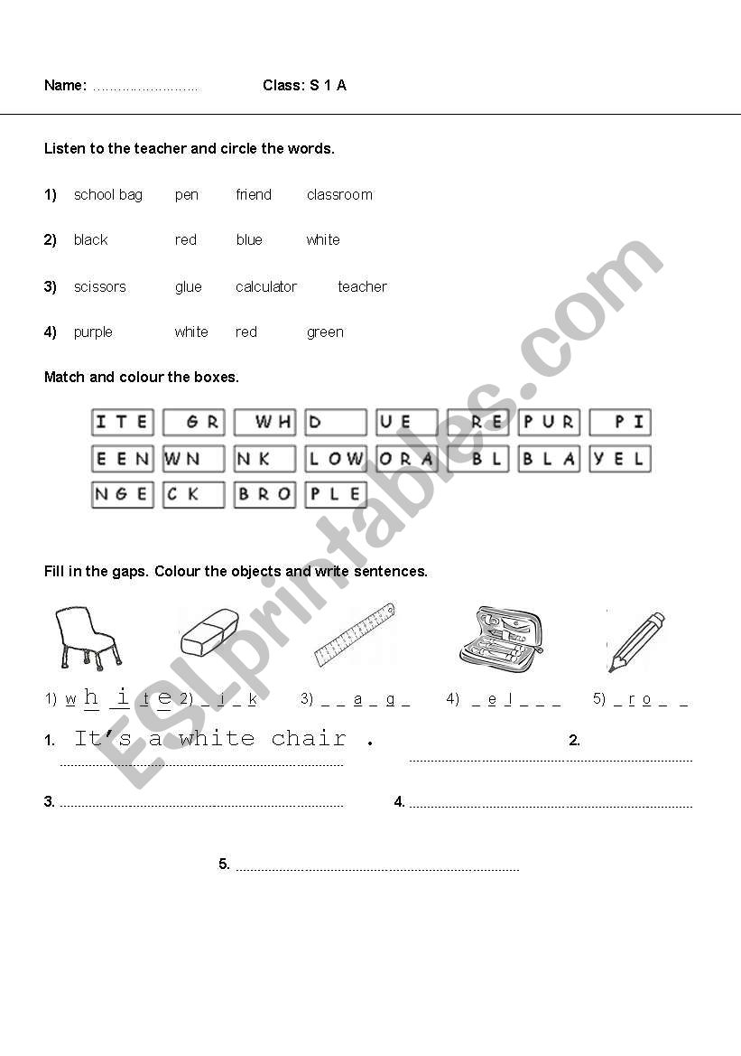 classroom objects and colors worksheet