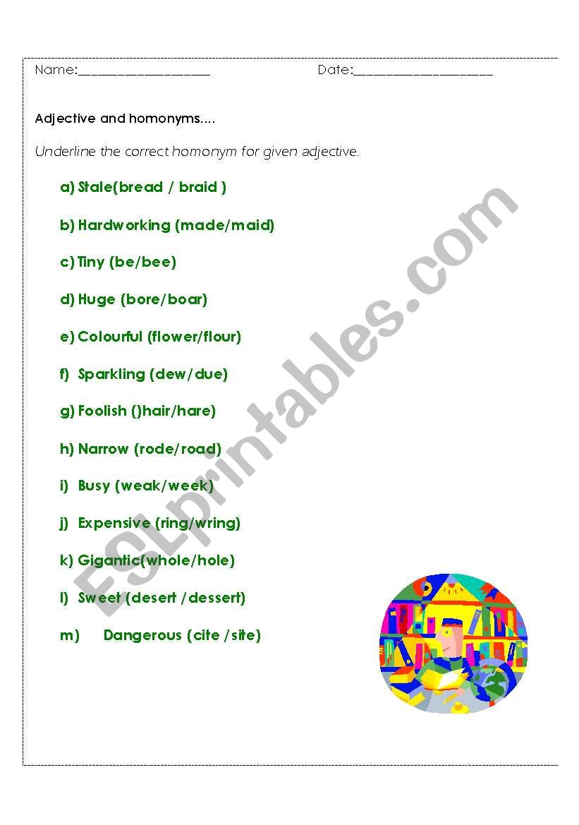 Adjectives and Homonyms worksheet