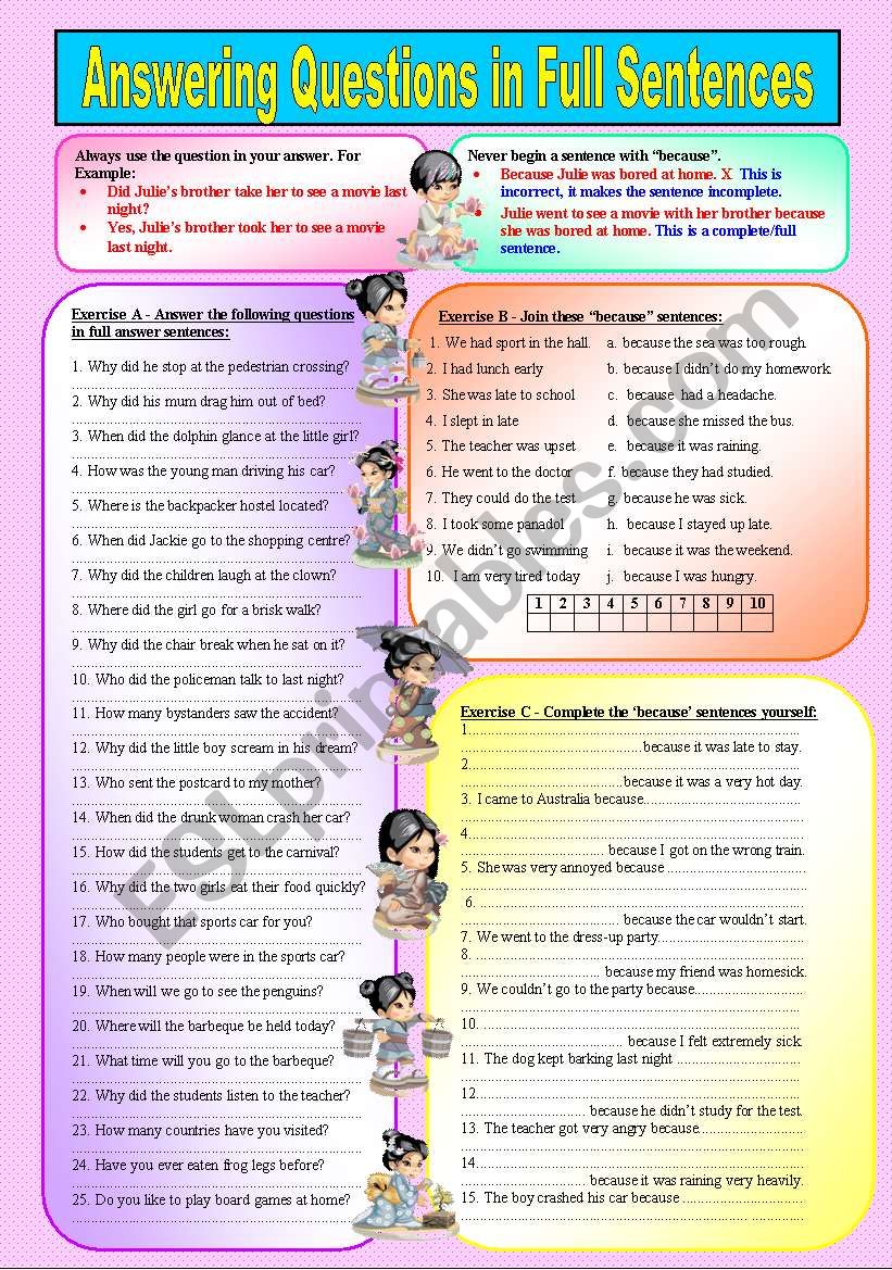Ã¢â‚¬Å“HOW TO ANSWER QUESTIONS IN FULL SENTENCESÃ¢â‚¬Â Ã¢â‚¬â€œ  ((explanations & 50 sentences to complete )) Ã¢â‚¬â€œ  Elementary/Intermediate Level Ã¢â‚¬â€œ ((B&W VERSION INCLUDED)) - ESL  worksheet by ranclaude
