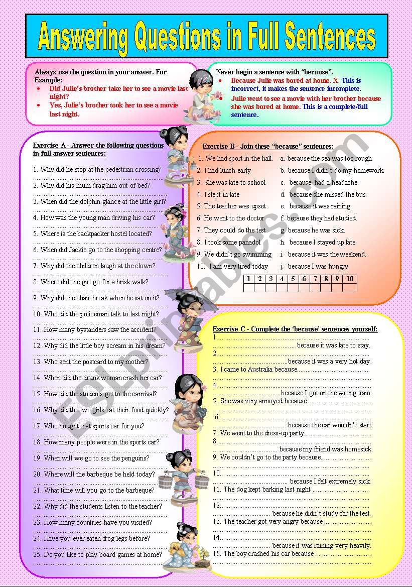 HOW TO ANSWER QUESTIONS IN FULL SENTENCES  ((explanations & 50 sentences to complete ))  Elementary/Intermediate Level  ((B&W VERSION INCLUDED))