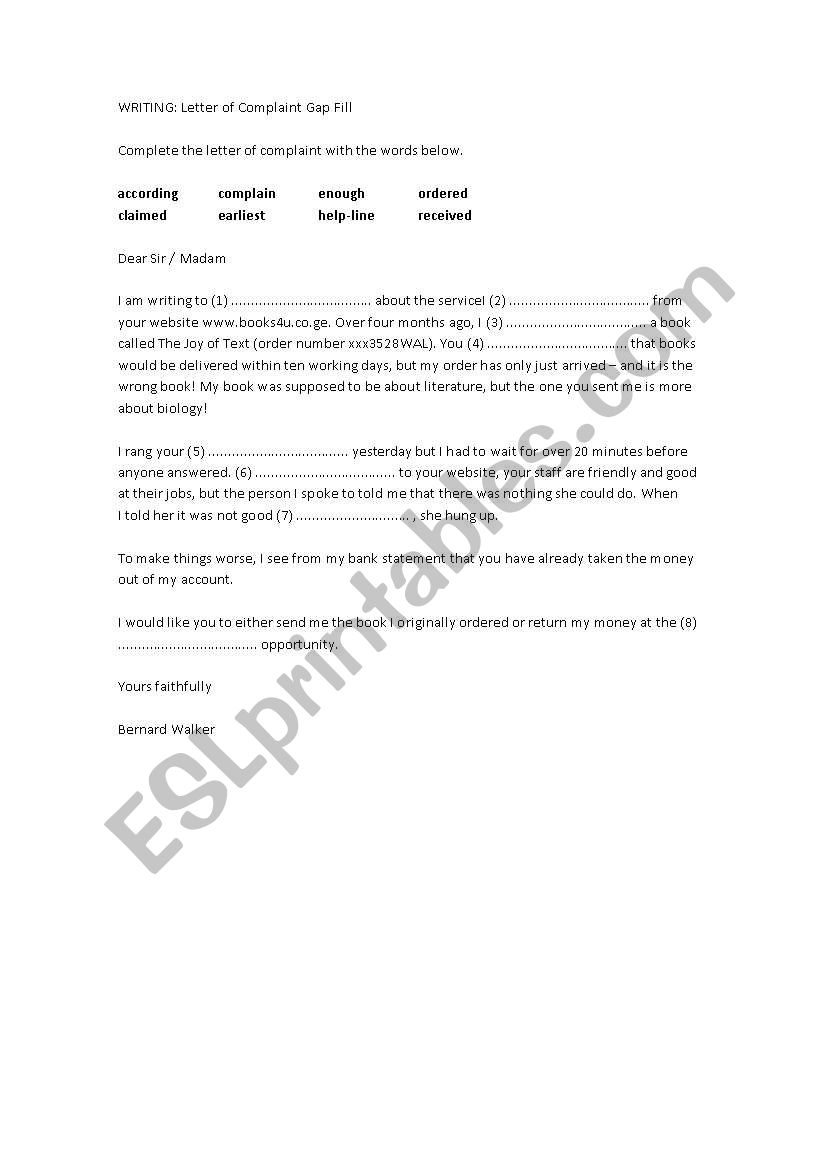 Letter of Complaint Gap Fill worksheet