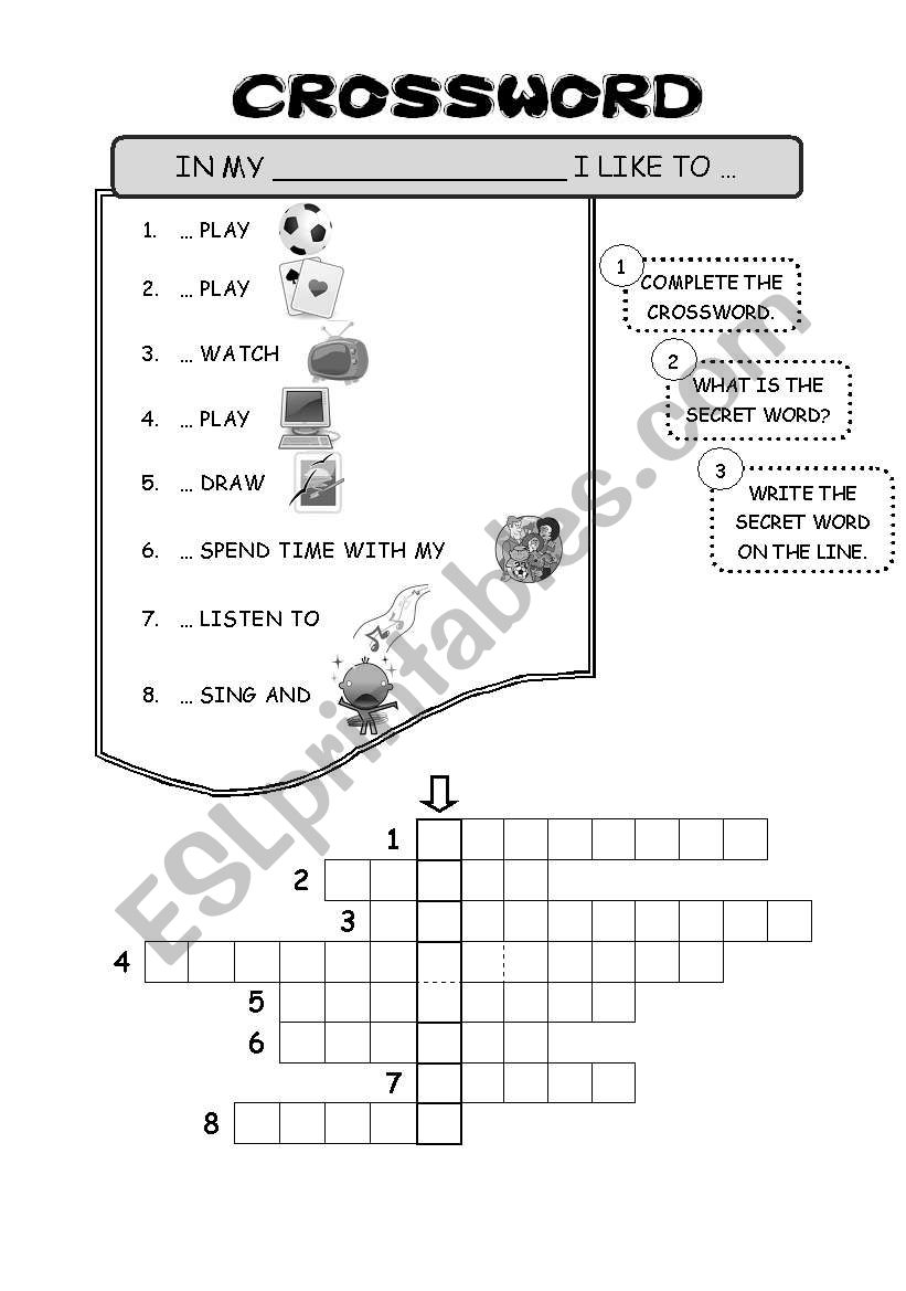 Crossword - free time worksheet