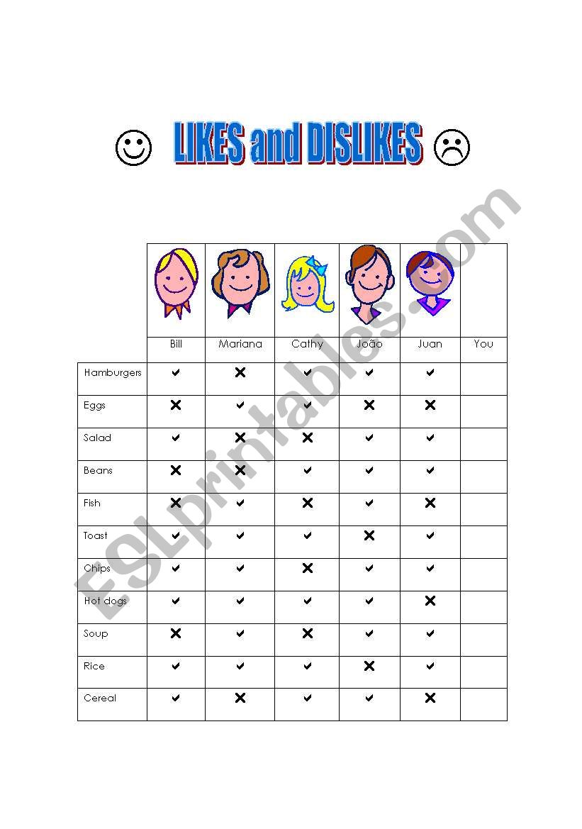 Likes and dislikes worksheet