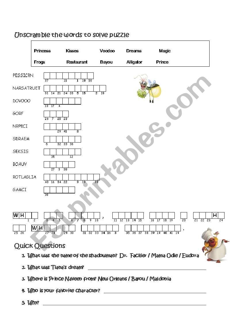 Disney Princess & Frog: Word Scramble with Secret Message