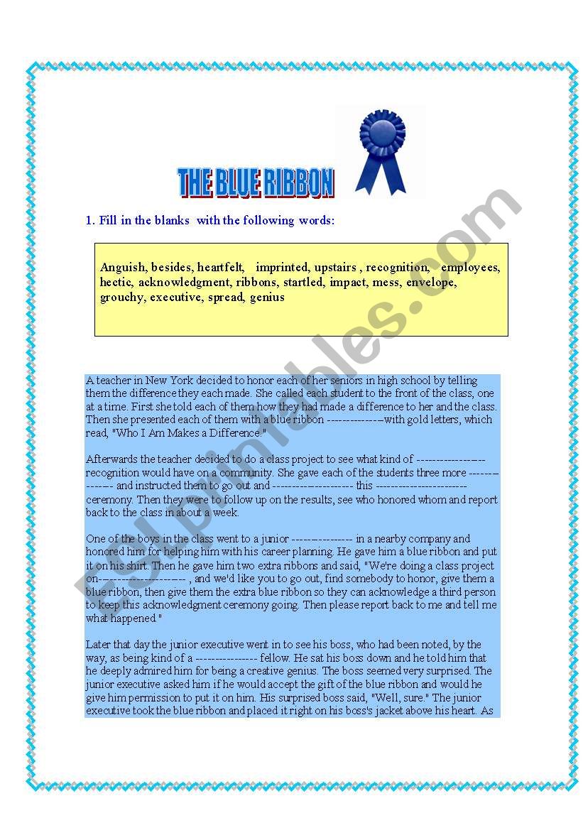 THE BLUE RIBBON worksheet