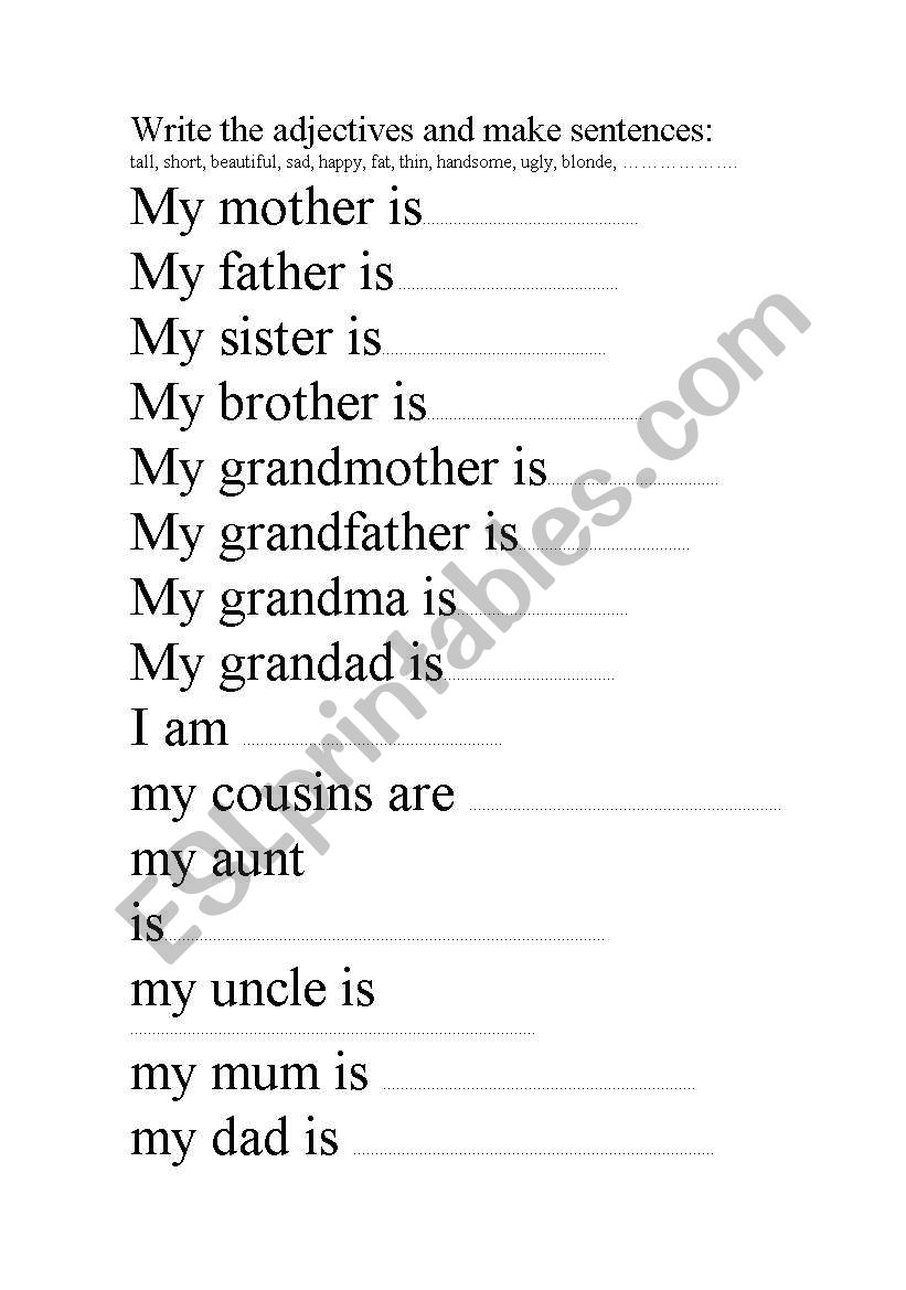 adjectives and family worksheet