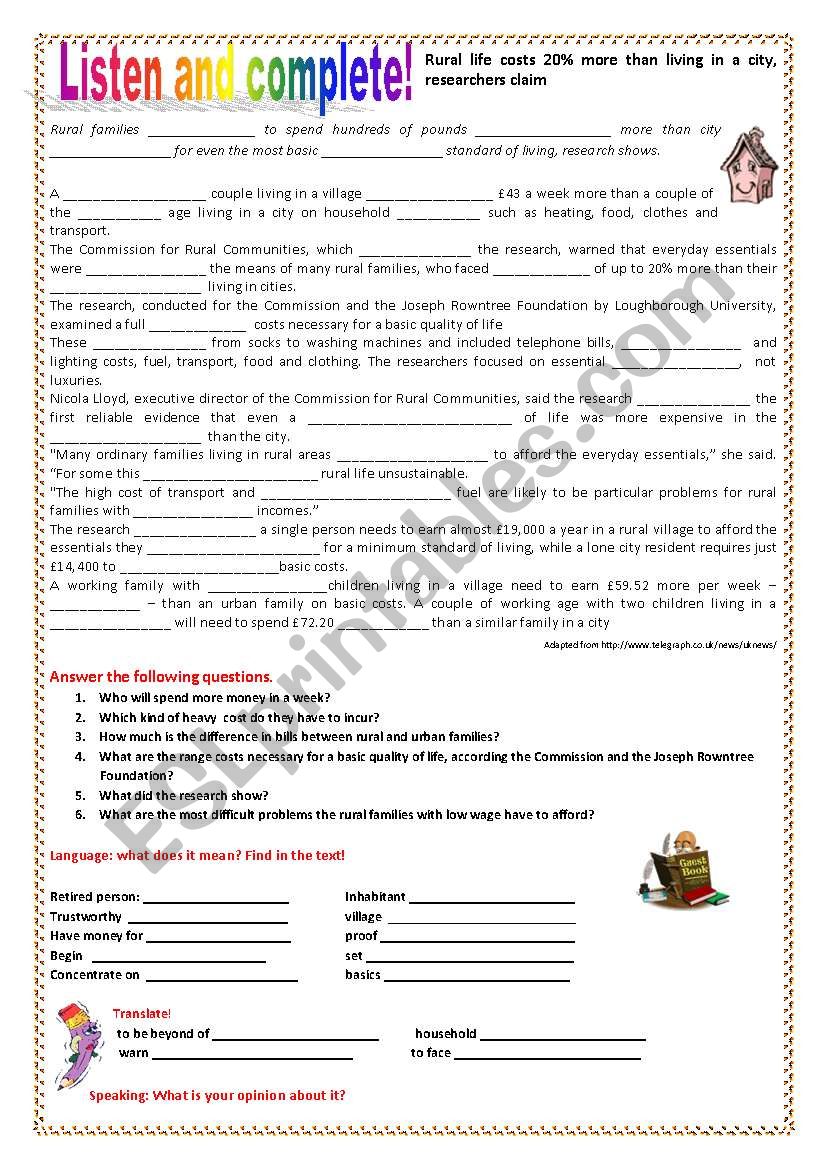 Rural Life worksheet