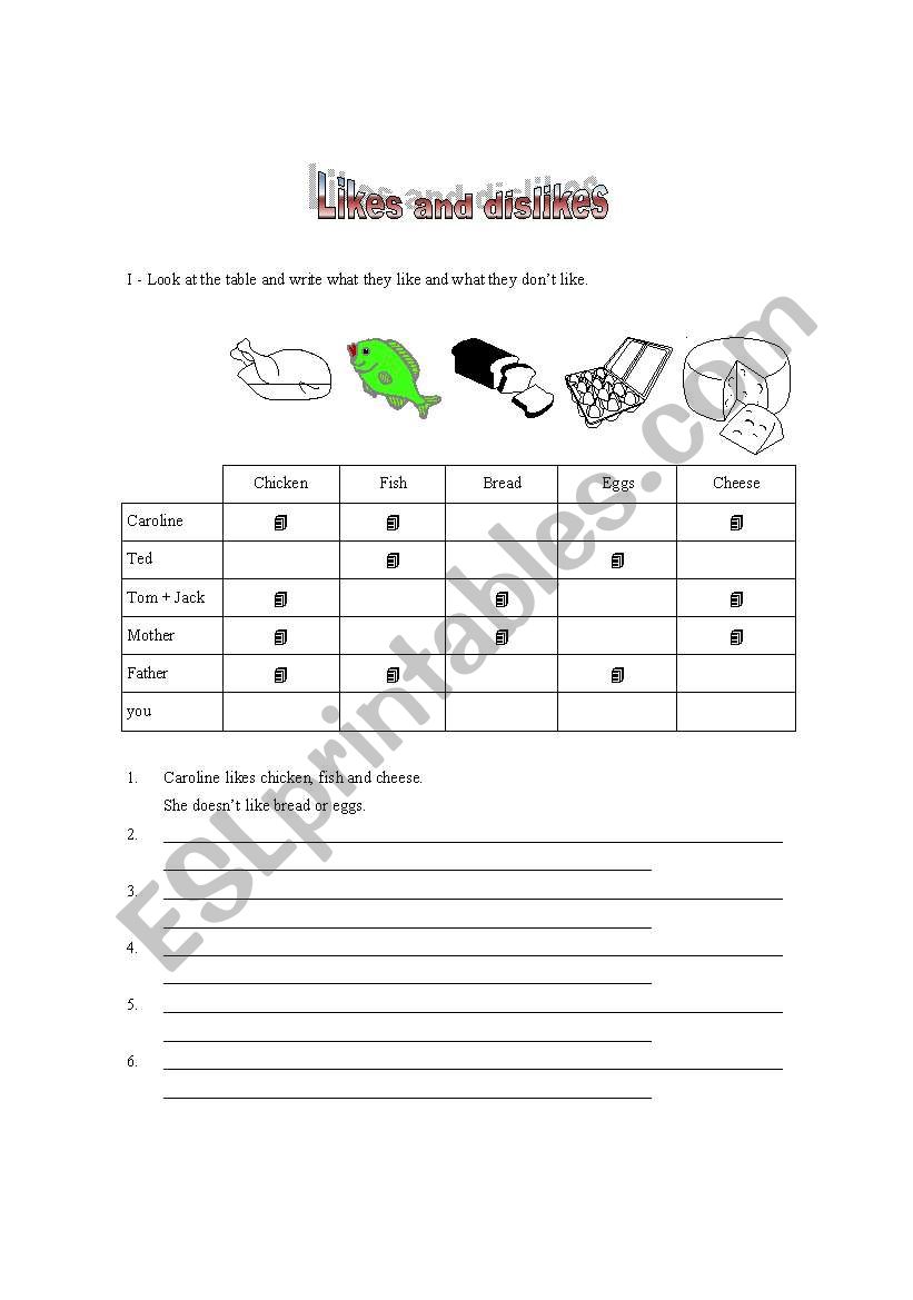 Likes and dislikes worksheet