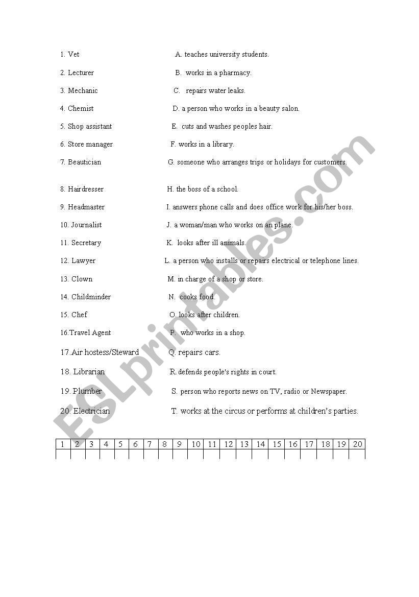 Matching up Exercise worksheet