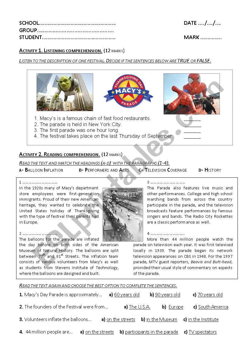 Macys Day Parade worksheet