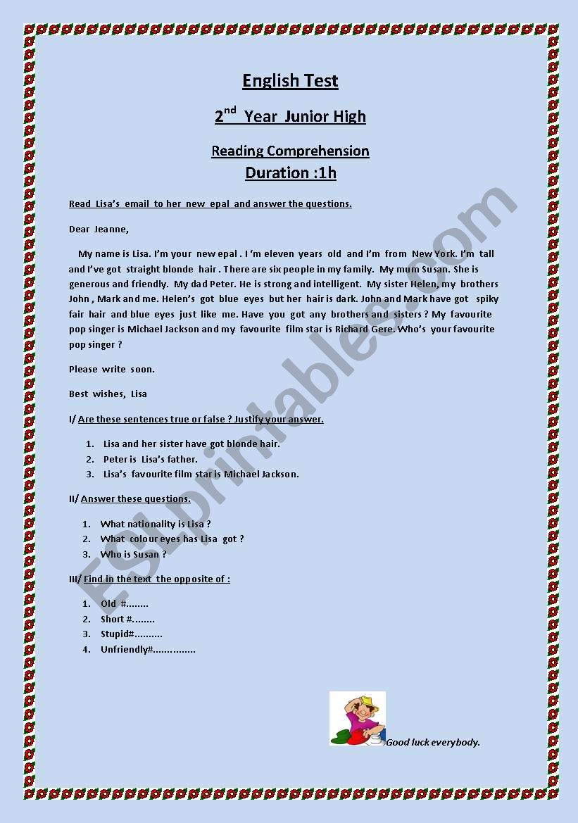 Reading comprehension worksheet