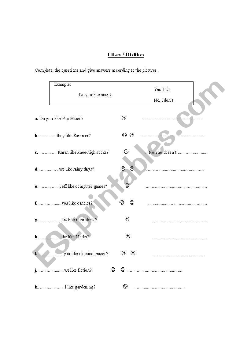 Likes and dislikes worksheet