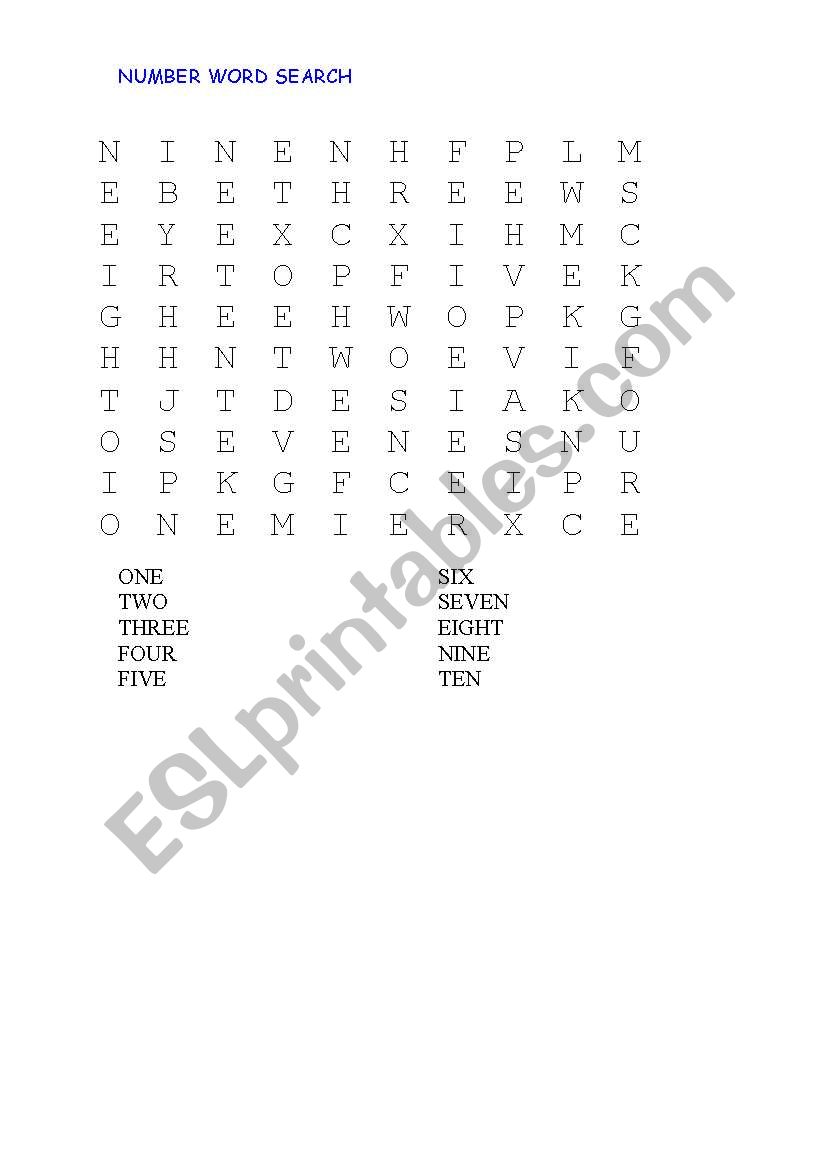 Number Word Search worksheet