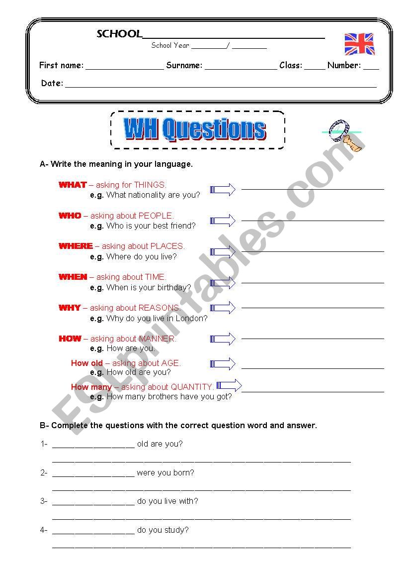 WH questions worksheet