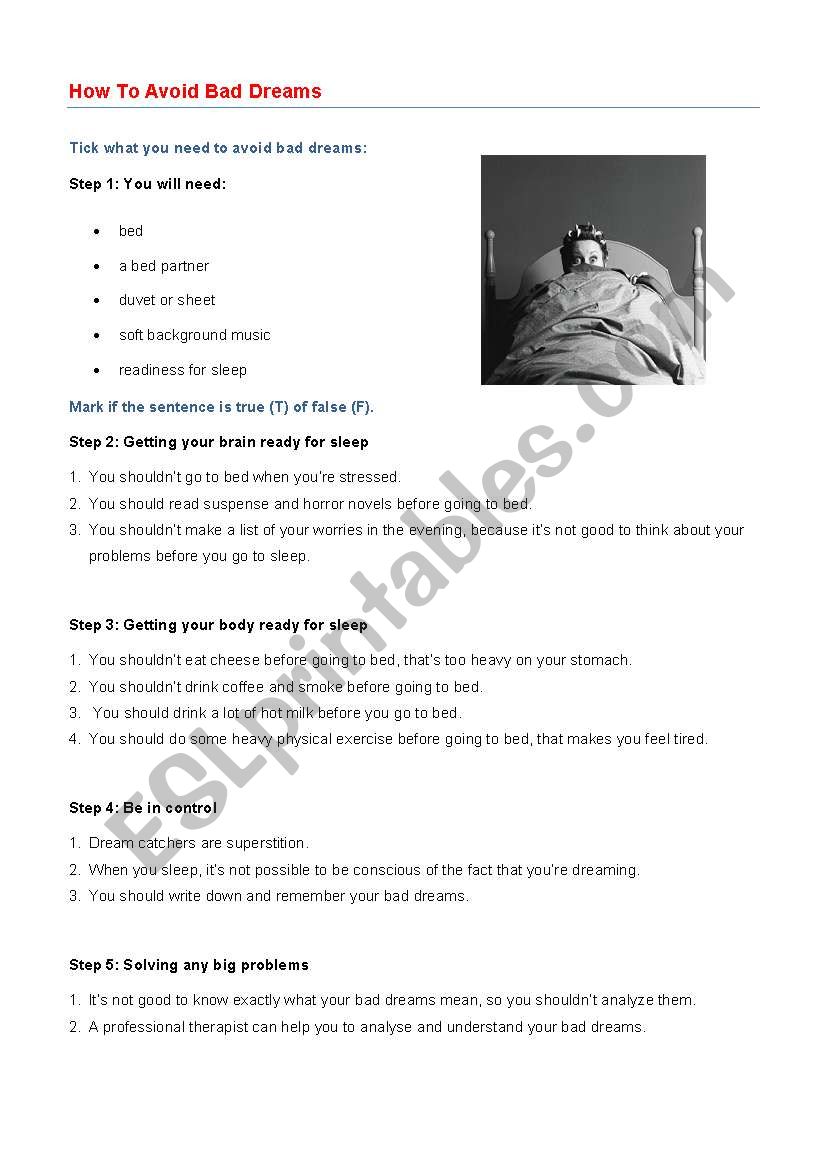 How to aviod bad dreams worksheet