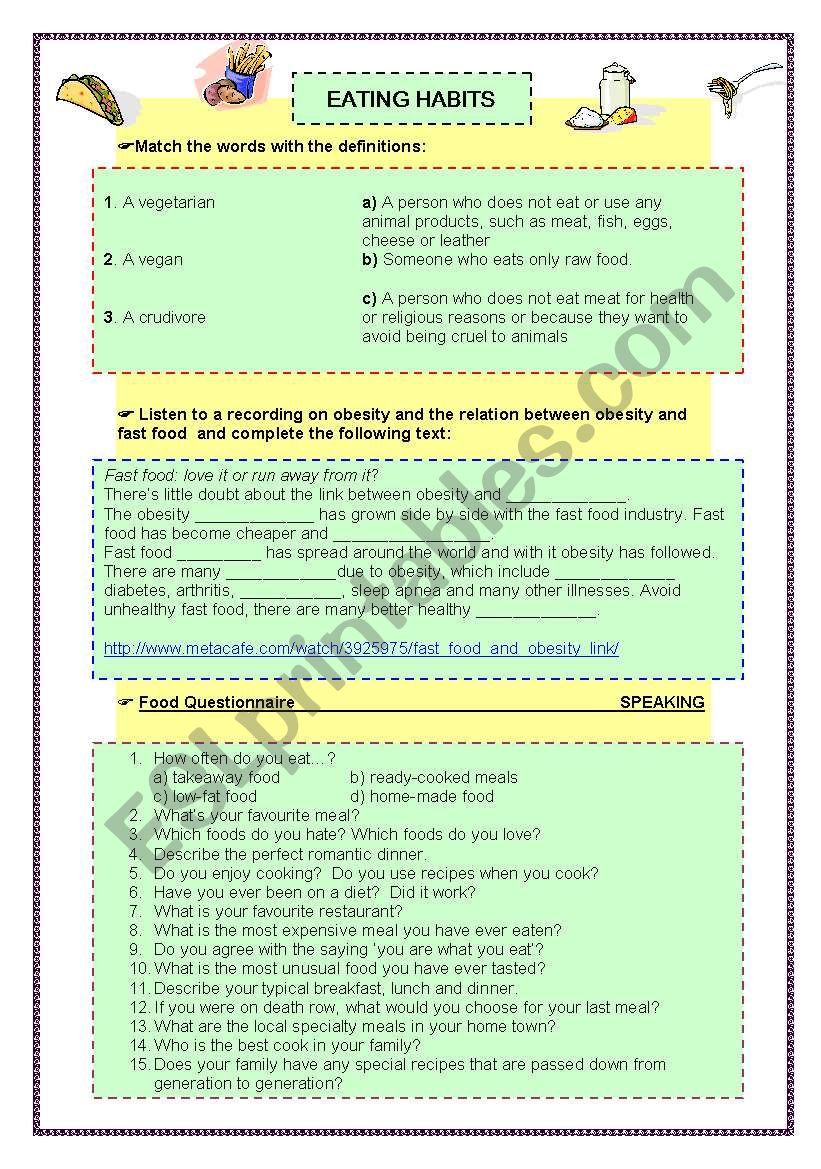 Eating habits (it includes listening and speaking activities), link and key provided