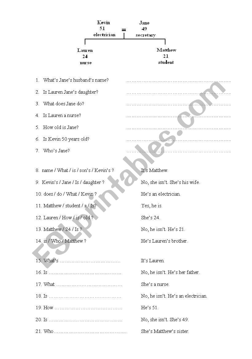 family tree (warm-up) worksheet