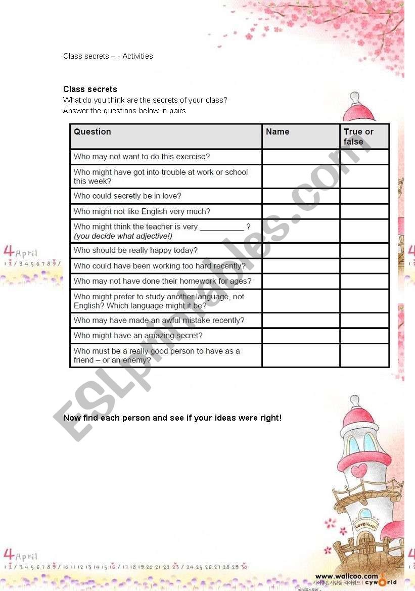 class secrets worksheet